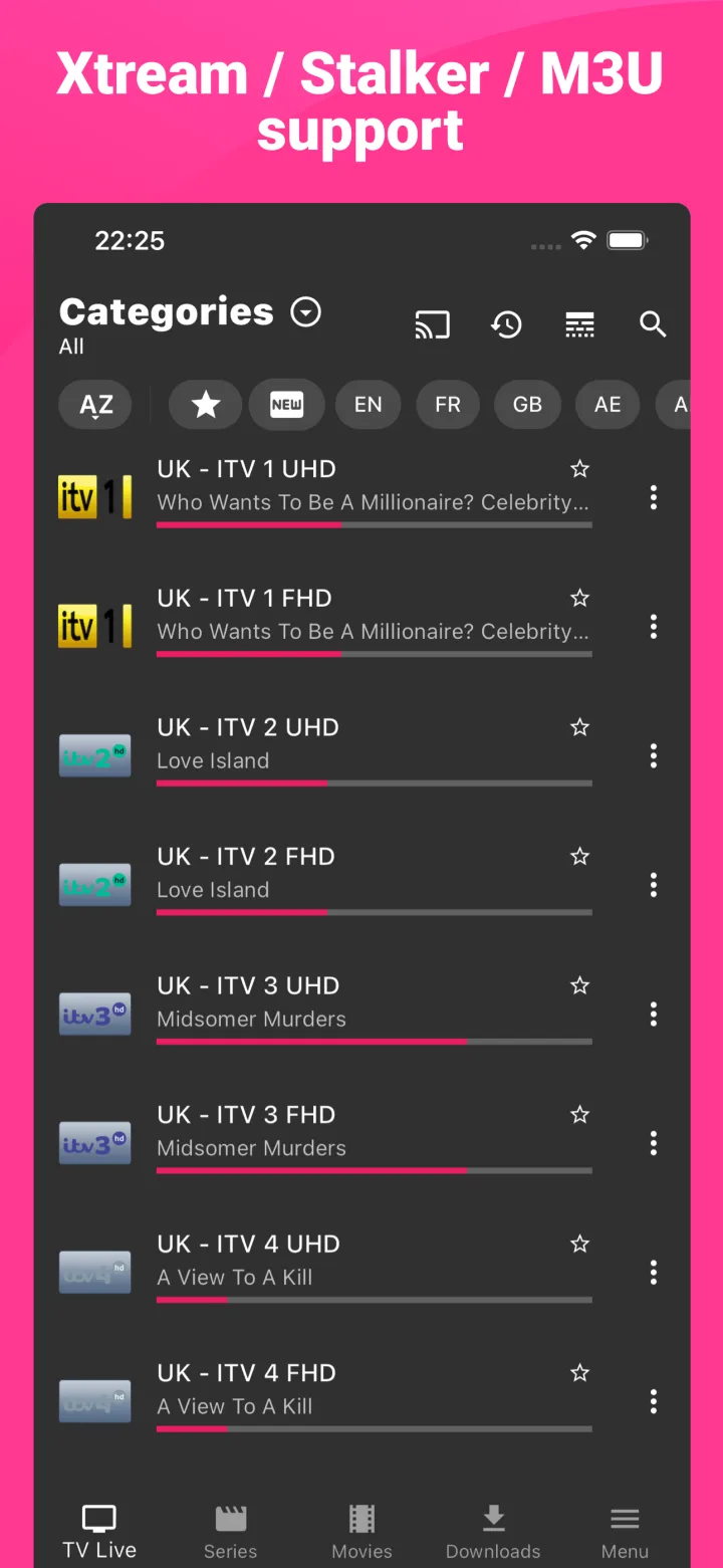 IPTV Expert mobile layout for live channels and source navigation