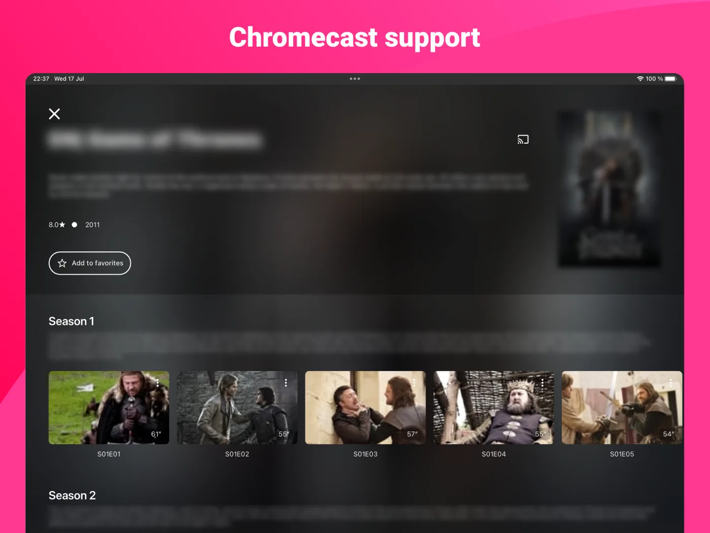IPTV Expert tablet content detail screen with casting support